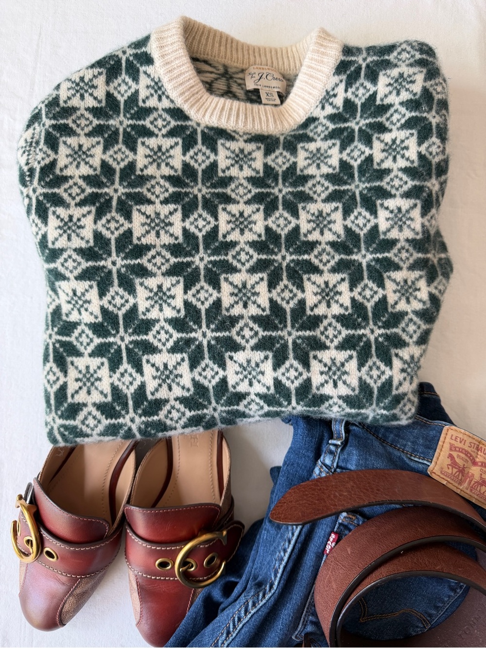 J. Crew Cream and Forest Green Fair Isle Crewneck Sweater - Picture 9 of 9